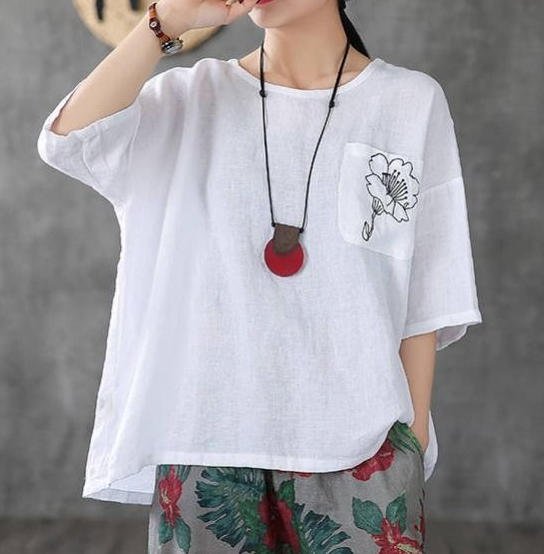ブラウス Tシャツ 半袖 リネンブラウス シャツ 刺繍 花 トップス カットソー コットン ゆったり プルオーバー 丸首 大人 上品 カジュアル トレロ 体型カバー 30代 40代 グリーン レッド ホワイト イエロー TP-357R