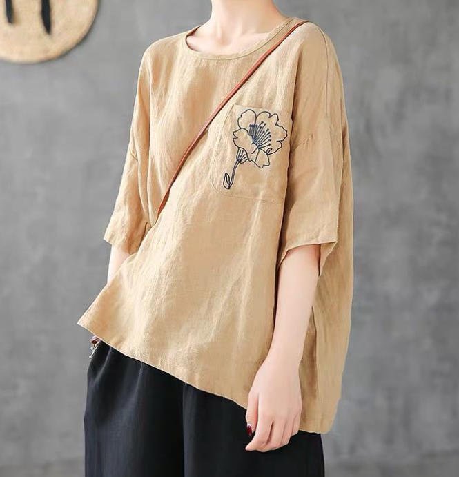 ブラウス Tシャツ 半袖 リネンブラウス シャツ 刺繍 花 トップス カットソー コットン ゆったり プルオーバー 丸首 大人 上品 カジュアル トレロ 体型カバー 30代 40代 グリーン レッド ホワイト イエロー TP-357R