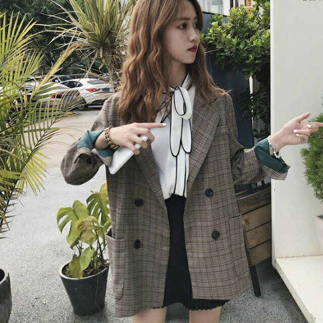 テーラードジャケット チェック柄 春コート アウター ビッグシルエット ロールアップ レトロ カジュアル マニッシュ 大人可愛い お出かけ デート 普段使い デイリー 着回し OT-080IUのサムネイル
