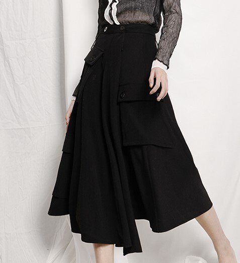 スカート 秋 冬 Aライン おしゃれ 大人かわいい きれいめ ハイウエスト マルチポケット ミモレ丈 変形デザイン イレギュラーデザイン お出かけ デート SK-002RT