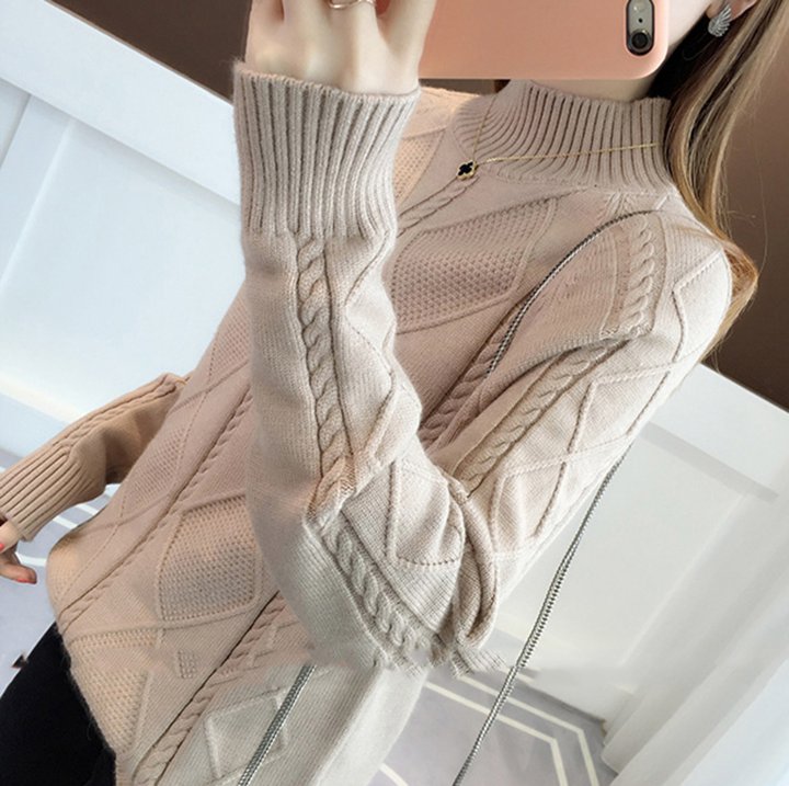 ハイネックセーター ニット トップス 長袖 プルオーバー ダイヤ柄 シンプル 定番 エレガント フェミニン 通勤 カジュアル 秋冬 TP-010YK