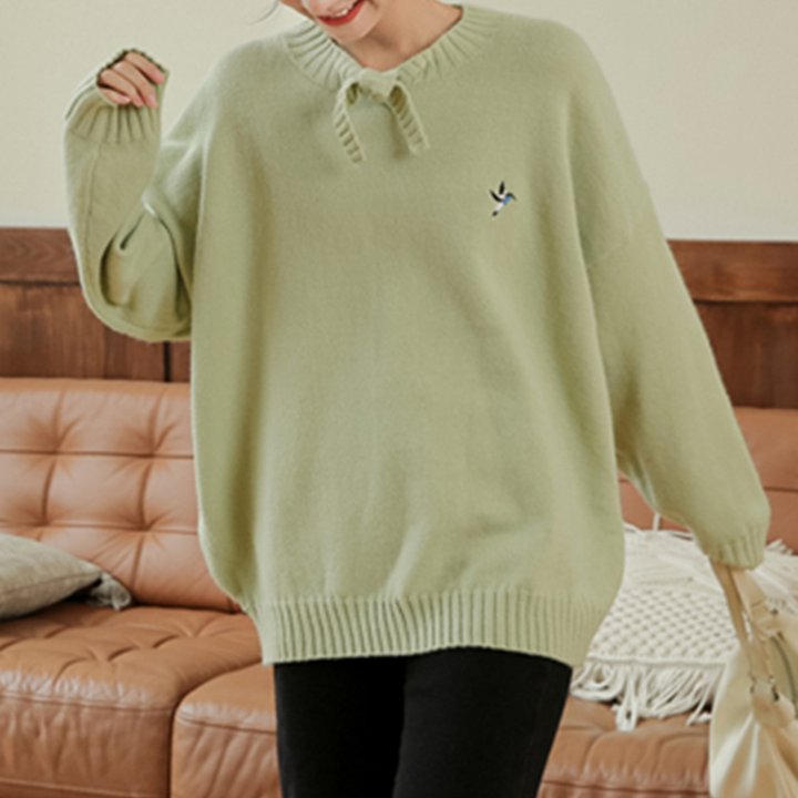 セーター ニット トップス クルーネック ボウタイ 長袖 無地 プルオーバー シンプル きれいめカジュア..