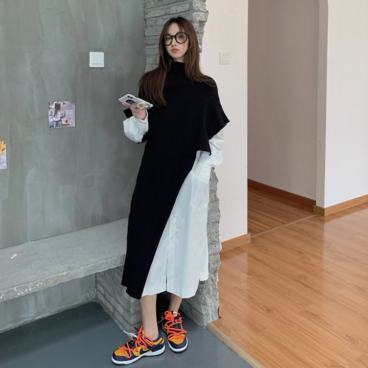 ベスト ニット セーター チュニック ハイネック ブラック ノースリーブ アシメントリー シンプル 秋冬 おしゃれ カジュアル フェミニン お出かけ デート TP-035YK