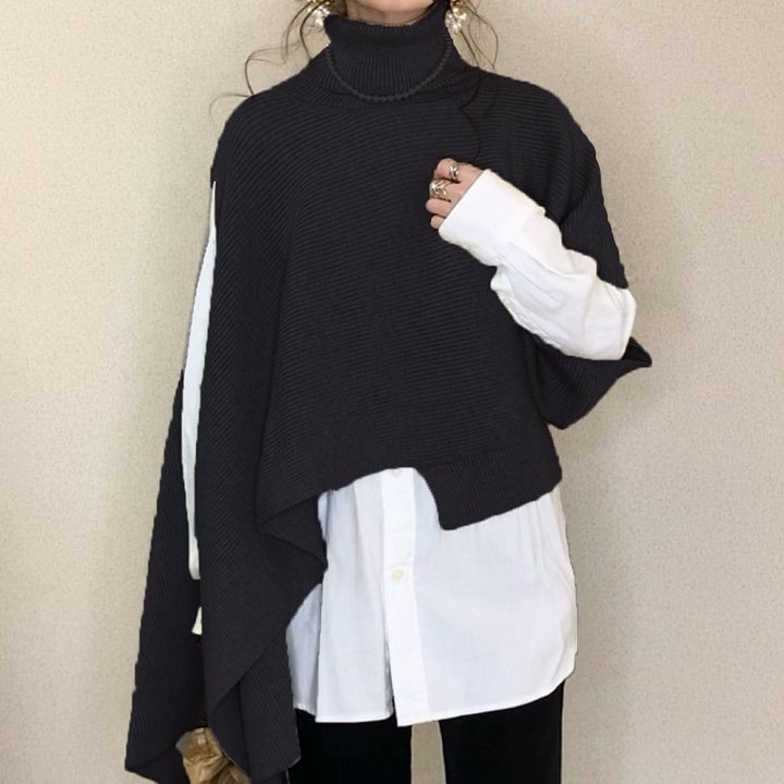 ベスト ニット セーター チュニック ハイネック ノースリーブ アシメントリー シンプル 秋冬 おしゃれ カジュアル フェミニン お出かけ デート TP-037YKのサムネイル