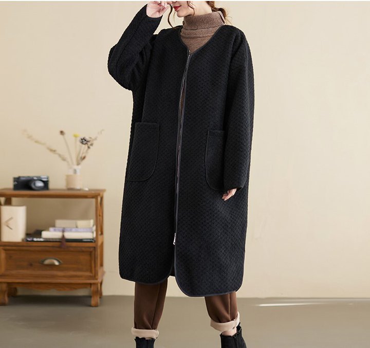 大きいサイズ ミドル丈ジャケット ミドル丈 膝下 ベルベット パッド入りカーディガン あったかい ゆったり コットン 長袖 カジュアル シンプル 大人 ベーシック お出かけ デート 普段使い デイリー 秋 冬 OU-044RT