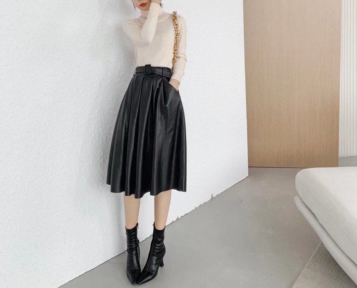 Imagibune　楽天市場店のレザースカート ミドル丈 膝下 ロング ベルト Aライン ハイウエスト シープレザー フェミニン きれいめ エレガント 上品 大人可愛い カジュアル シンプル ベーシック お出かけ デート 普段使い デイリー SK-015RT｜アングル2