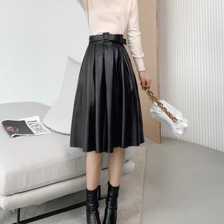 Imagibune　楽天市場店のレザースカート ミドル丈 膝下 ロング ベルト Aライン ハイウエスト シープレザー フェミニン きれいめ エレガント 上品 大人可愛い カジュアル シンプル ベーシック お出かけ デート 普段使い デイリー SK-015RT｜アングル3
