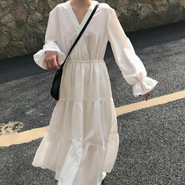 ワンピース ロング ティアード カシュクール Vネック ゆったり 長袖 無地 シンプル おしゃれ ナチュラル 大人可愛い カジュアル ガーリー お出かけ デート 普段使い デイリー OP-141IU