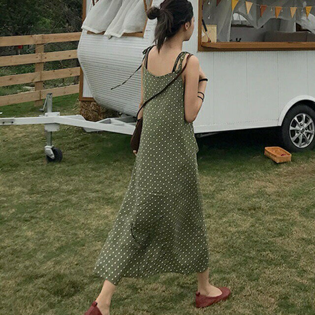 ジャンパースカート ドット柄 ロング リボン ゆったり 体型カバー シンプル おしゃれ 大人可愛い レトロ カジュアル デイリー 着まわし 普段使い リゾート OP-150IU