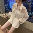 セットアップ ジャケット ショートパンツ 長袖 アプリコット シアー シフォン シングルブレスト ツーピース シースルー 透け感 大人カジュアル オシャレ スタ...