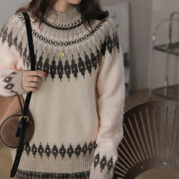 ニットトップス ラウンドネック カジュアル ゆったり 秋 冬 おしゃれ ノルディック ボーイッシュ トラ..