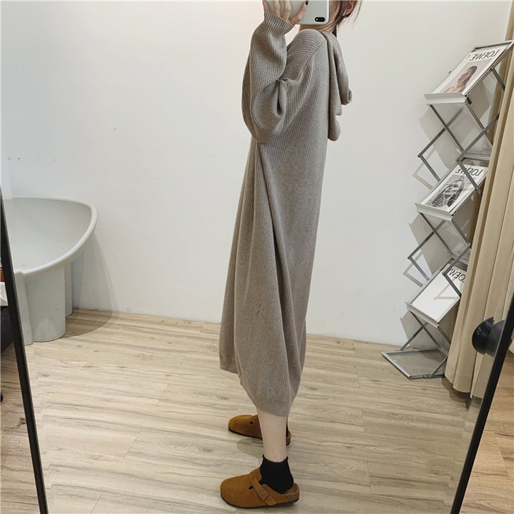 ロングフード ニットワンピース カジュアル 無地 春秋 お出かけ デート OP-007SE