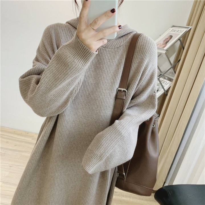 ロングフード ニットワンピース カジュアル 無地 春秋 お出かけ デート OP-007SE