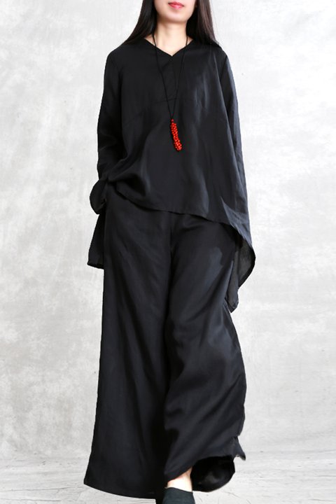 セットアップ チュニック ワイドパンツ Vネック ワントーン 30代 40代 50代 上品 無地 シンプル 春 秋 おしゃれ 個性的 お出かけ デート ST-004GT