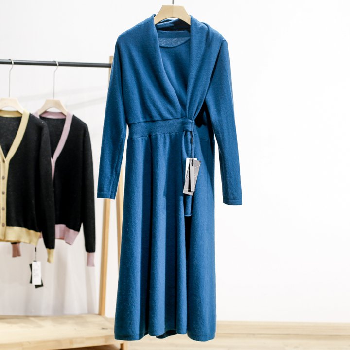 Vネッククロス ゆるかわ 愛され ニットワンピ スリム ロング ニットドレス デート お出かけ お呼ばれ ロング丈 上品 OP-016SE