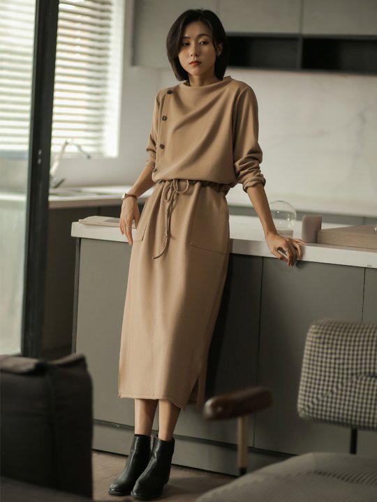 長袖 ドレス ニットワンピース ハイウエスト ラウンドネック ロングスカート 大人 上品 お仕事 通勤 お出かけ デート OP-034SE