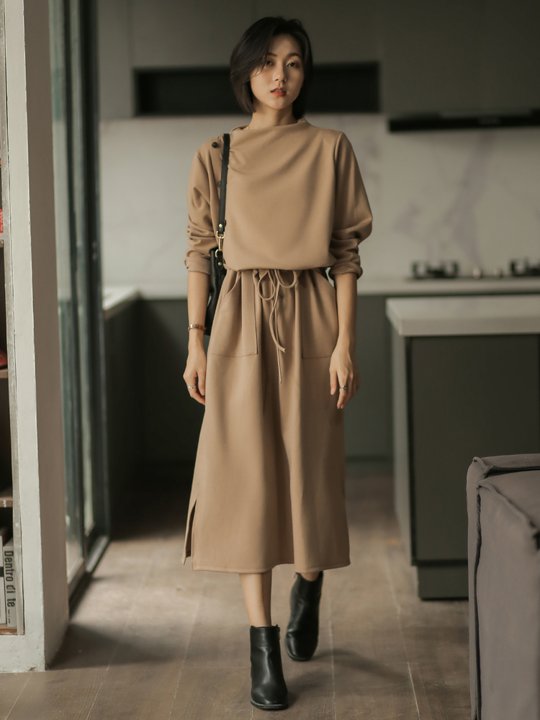 長袖 ドレス ニットワンピース ハイウエスト ラウンドネック ロングスカート 大人 上品 お仕事 通勤 お出かけ デート OP-034SE