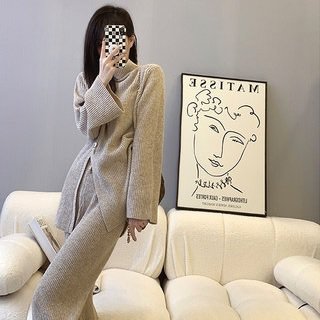 セットアップ ツーピース 2点セット ニット 長袖 スリット スタンドカラー フレアスリーブ ロングパンツ ワイドレッグパンツ ハイウエスト ワントーン 無地 着回し レディース サイズ豊富 おしゃれ シンプル カジュアル きれいめ タウン お出かけ デート ST-027CA