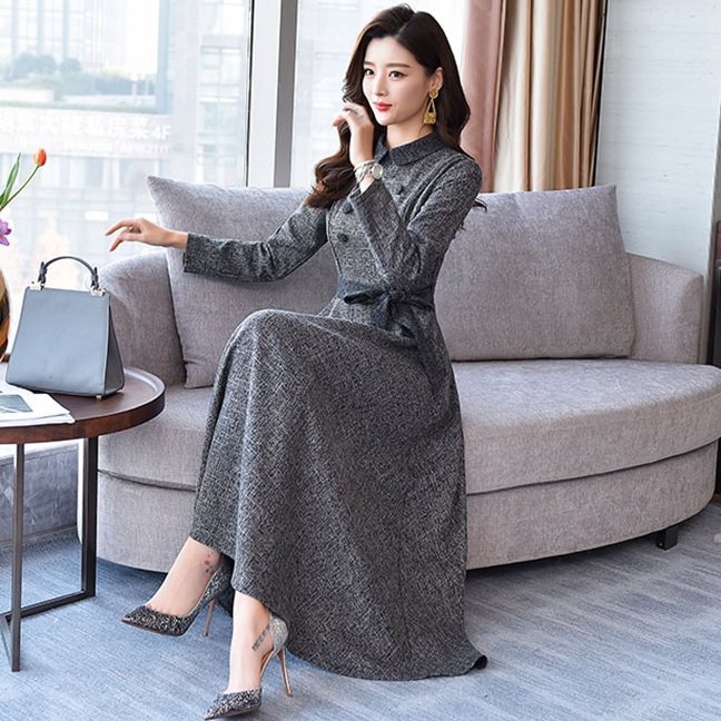 Aラインワンピース ワンピース フレア ウエストリボン 長袖 襟付き ダブルボタン ロング丈 バイカラー 無地 春秋 レディース シンプル シック レトロ クラシカル 上品 お呼ばれ オケージョン タウン お出かけ デート OP-055CA