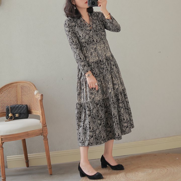 オリエンタルワンピース ワンピース ワンピ ビーズステッチ Aライン Vカット Vネック 長袖 ロング丈 花柄 フラワー フローラル ボタニカル ペイズリー プリント バイカラー 春秋 ハイウエスト レディース シック 上品 上質 ラグジュアリー エレガント レトロ シンプル