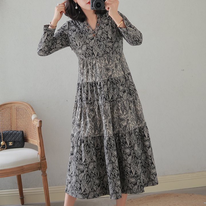 オリエンタルワンピース ワンピース ワンピ ビーズステッチ Aライン Vカット Vネック 長袖 ロング丈 花柄 フラワー フローラル ボタニカル ペイズリー プリント バイカラー 春秋 ハイウエスト レディース シック 上品 上質 ラグジュアリー エレガント レトロ シンプル