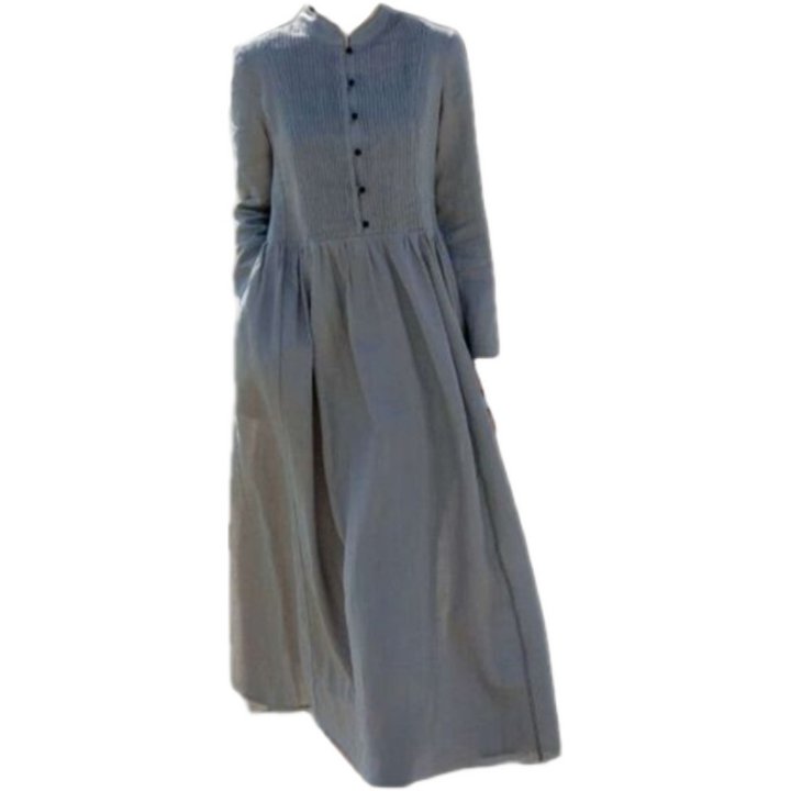 プリーツワンピース ワンピース 麻 リネン スタンドカラー Aライン ロング丈 フロントボタン 前ボタン ハーフボタン ポケット付き 長袖 ルーズウエスト 軽やか 春秋 レディース シンプル 上品 エレガント レトロ ノスタルジック きれいめ シック デイリー タウン お出かけ
