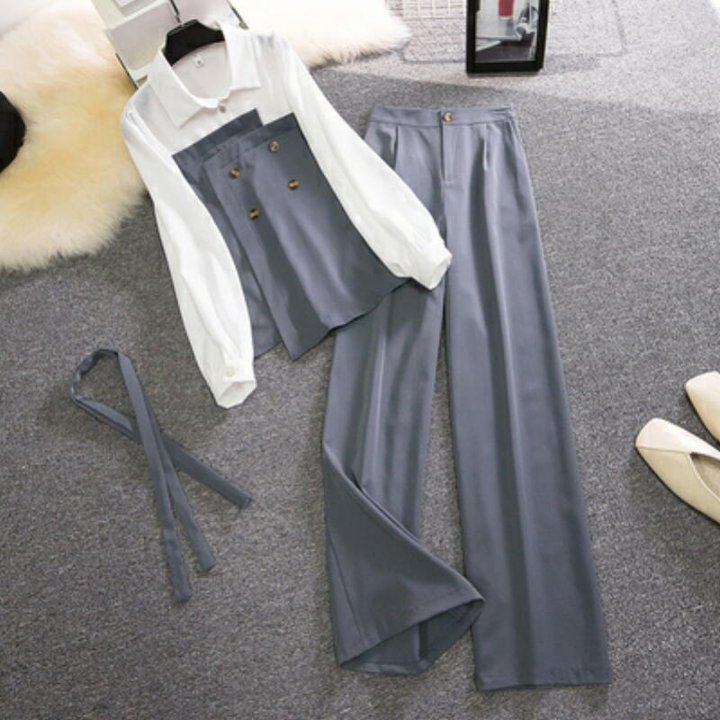 セットアップ シャツ パンツ ロング丈 ホワイト アッシュブルー ツートン ハイウエスト シャツ風 プルオーバー ウエストベルト シンプル エレガント カジュアル おしゃれ 上品 春 秋 お出かけ デート パーティー ST-002KM