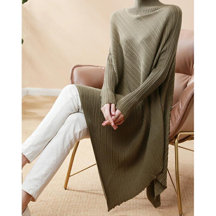 トップス ウール ミドル丈 ハーフタートルネック ブラック ライトブルー ブラウン カーキ アシンメトリ..