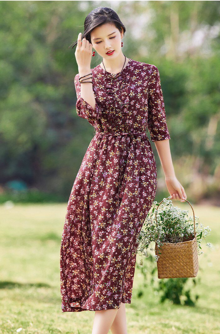 花柄 リネン ワンピース 長袖 ロング 生地 キャンバス 春 夏 レトロ 北欧 スカート レース タイト レディース 無地 しわ加工 ブラウス 膝丈 ミディアム きれいめ 韓国 マタニティ 大きいサイズ フリーサイズ シック タウン お出かけ デート OP-024KT