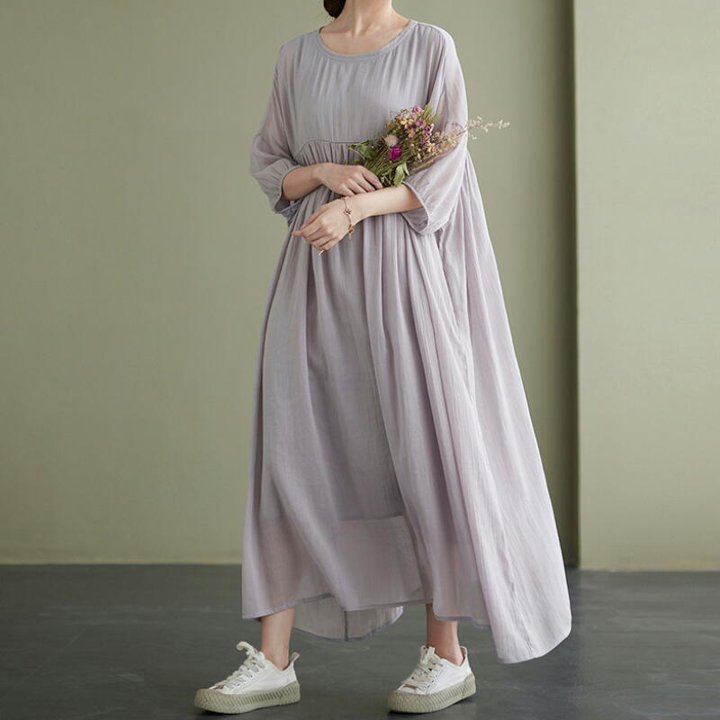 ワンピース 半袖 ロング丈 ラベンダー 薄紫 綿 コットン 春夏 ウエスト aライン フレア きれいめ レディース ロング カジュアル 韓国 通勤 ゆったりママ 20代 30代 40代 50代 60代 ナチュラル パーティー かわいい 2022春 上品 保護者会 ガーリー 無地 ふわり 入学式 入園式