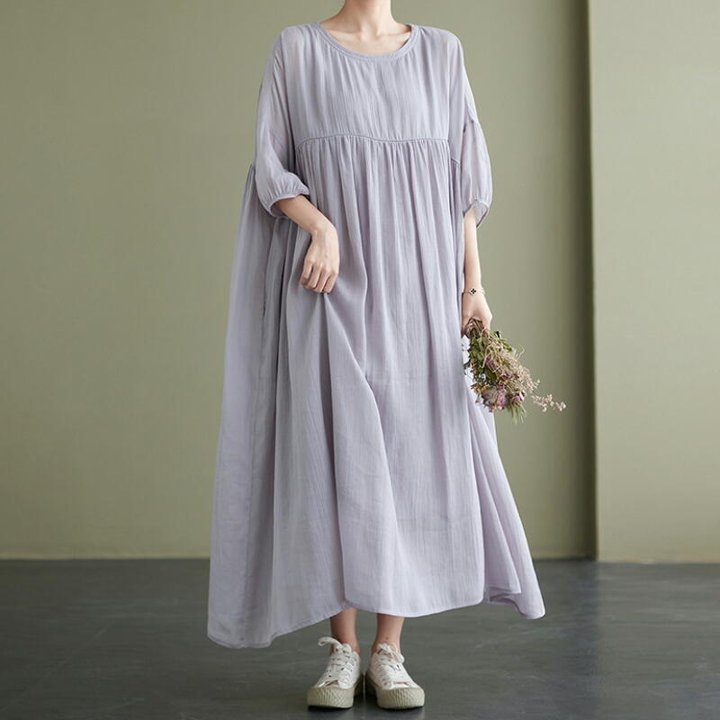 ワンピース 半袖 ロング丈 ラベンダー 薄紫 綿 コットン 春夏 ウエスト aライン フレア きれいめ レディース ロング カジュアル 韓国 通勤 ゆったりママ 20代 30代 40代 50代 60代 ナチュラル パーティー かわいい 2022春 上品 保護者会 ガーリー 無地 ふわり 入学式 入園式