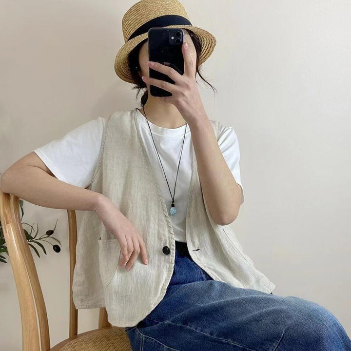 アウター ベスト 麻 リネンブラック ブラウン ネイビー ベージュ 春夏 前開き レディース かわいい 重ね着 おしゃれ OU-0015KM