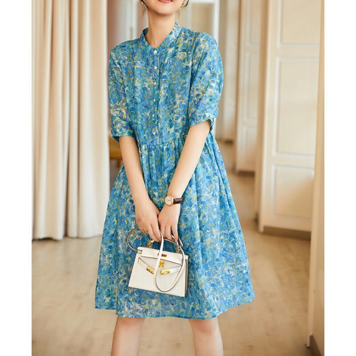 ワンピース 半袖 ミディアム丈 麻 リネン ブルー系 春夏 aライン きれいめ vネック レディース ロング きれいめ オフィス カジュアル 韓国 通勤 ゆったりママ 20代 30代 40代 50代 60代 モード系 ナチュラル パーティー かわいい オフィス 上品 保護者会 ガーリー 無地