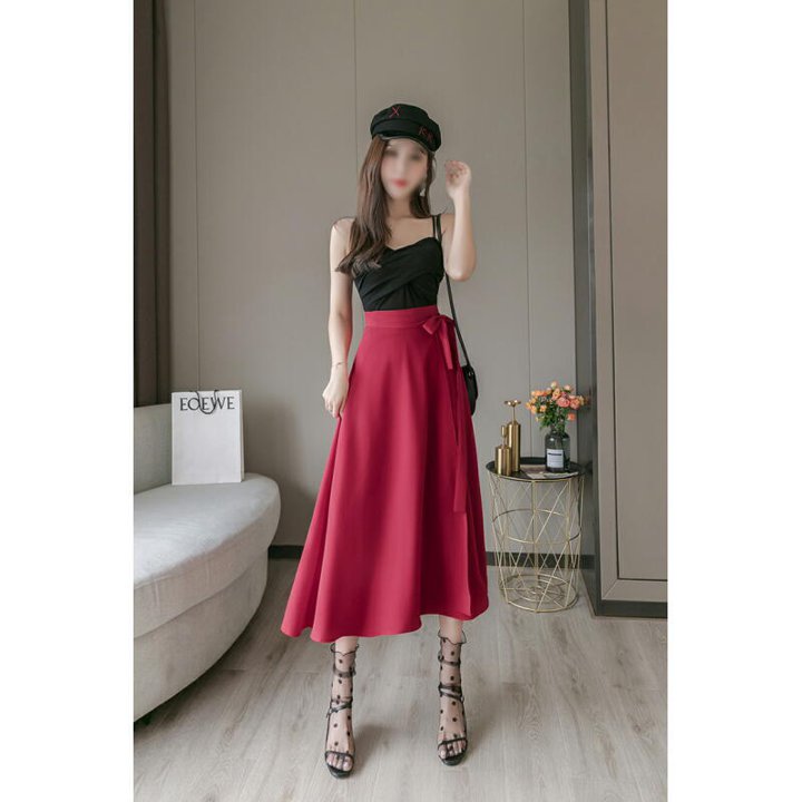 スカートブラック ホワイト ベージュ ライトグリーン ライトブルー イエロー ワインレッド オレンジ ネイビー ロングスリット 春夏 レディース カジュアル オフィス 花柄 リボン プリーツ ST-010KM