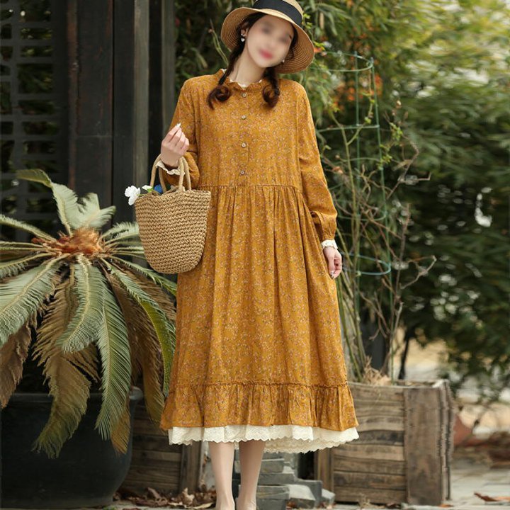 [Chubikime] ワンピース 秋 レディース ゆったり ロングワンピース 長袖 切替え クルーネック 体型カバー 大きいサイズ Aライン 着痩せ おしゃれ カジュアル 春 2XL グリーン