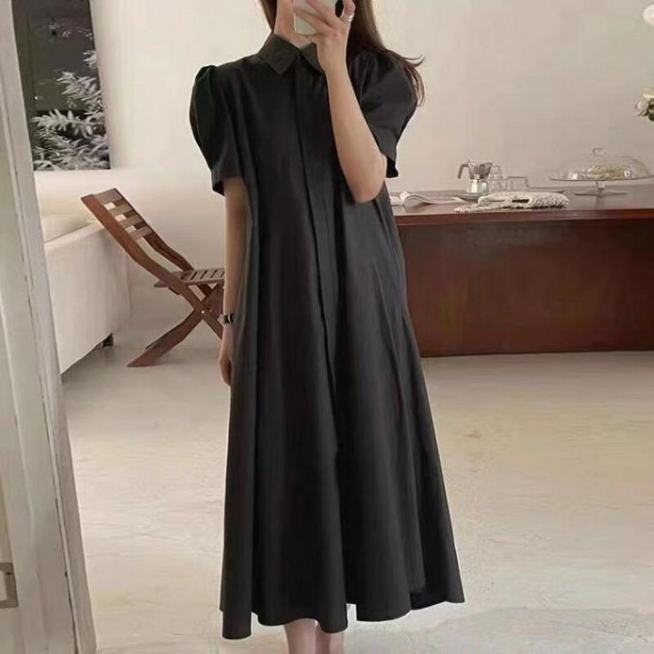 ワンピース 半袖 ロング丈ブラック ホワイト ベージュ 春夏 aライン シャツ きれいめ レディース カジュアル 韓国 通勤 ゆったりママ 20代 30代 40代 50代 60代 モード系 ナチュラル かわいい 上品 保護者会 ガーリー 無地 オフィスカジュアル ふわり 袖あり 低身長 OP-118KM