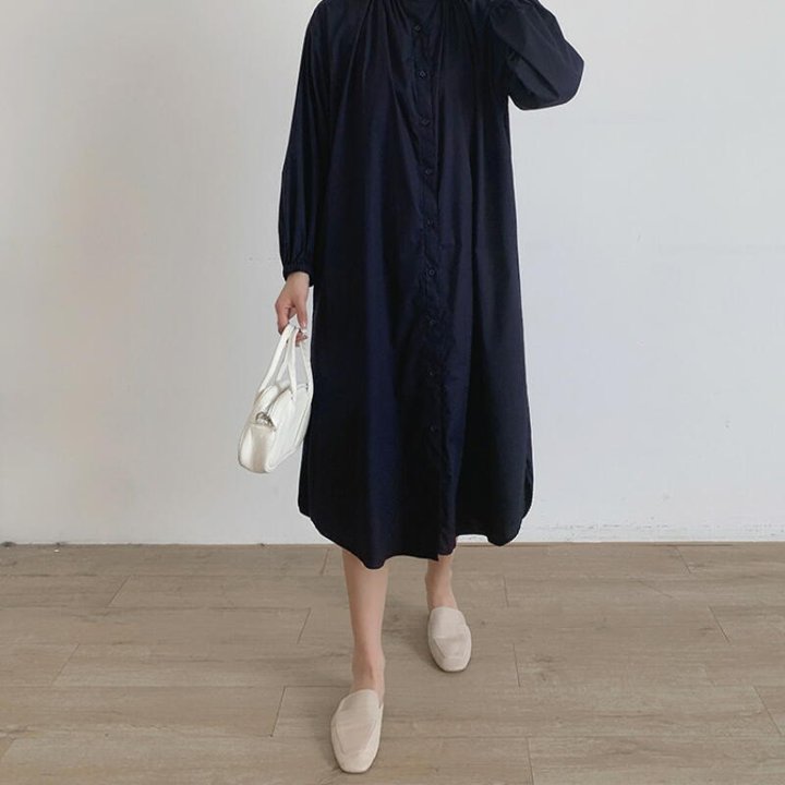 ワンピース 長袖 ロング丈 ネイビー 春夏 aライン きれいめ レディース ロング シャツ 韓国 通勤 ゆったり ママ 20代 30代 40代 50代 60代 ナチュラル パーティー かわいい レース 上品 保護者会 無地 オフィスカジュアル ふわり 低身長 OP-134KM