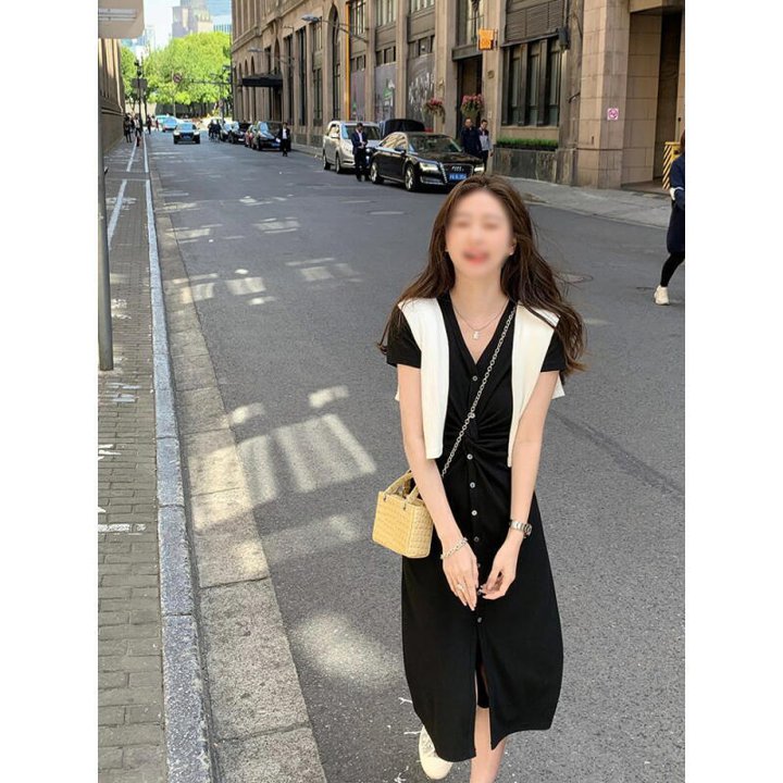 ワンピース 半袖 ロング丈 ブラック グレー 春夏 aライン vネック きれいめ レディース カジュアル 韓国 通勤 ゆったりママ 20代 30代 40代 50代 60代 ナチュラル かわいい 上品 保護者会 ガーリー 無地 オフィスカジュアル ふわり 袖あり ボタン 低身長 OP-161KM