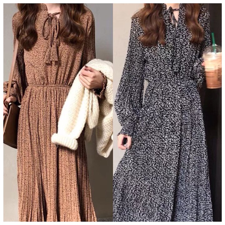 ワンピース レデイース ミモレ 秋冬 きれいめ 長袖 レディース カジュアル 可愛い シフォン レトロ 上..