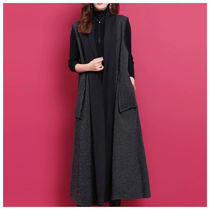 秋冬 ロングベスト 韓国 ストライプ ルーズ 厚いウールコートジレ レディース セットアップ 大きいサイ..