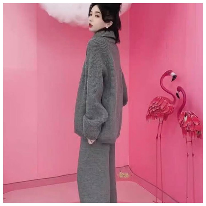 ハイネック ジッパー セーター ワイド レッグパンツ スーツ 新作 ファッション スタイル セットアップ レディース ニットスーツ 秋冬 韓国 カジュアル プルオーバー ワイドパンツ スーツ ゆったり 上下セット 2点セット 着痩せ おしゃれ きれいめ 大人 着回し 体型カバー