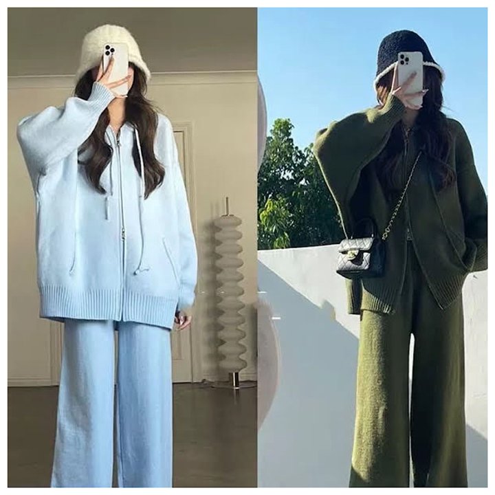 カジュアル ファッション フード 付き セーター スーツ 緩い ニット カーディガンコート ワイド レッグ パンツ セットアップ レディース ニットスーツ 秋冬...