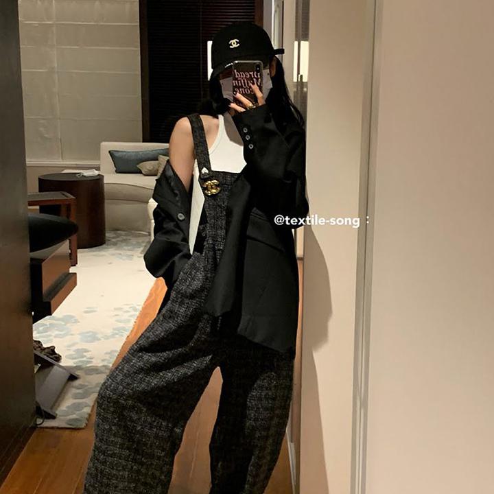 サスペンダー ジャンプ スーツ ハイエンド 黒 カラー ワイド パンツ サロペット オーバーオール オールインワン デニム パンツ スカート 秋冬 大きいサイズ 大人 カジュアル ゆったり デニム 低身長 コーデ レディース 着こなし きれいめ おしゃれ かわいい 30代 40代 50代