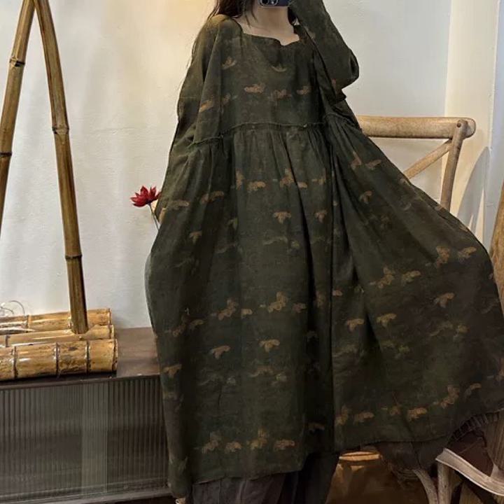 リネンオールマッチ プリントウエストレース リネンワンピース きれいめ 大人 おすすめ 長袖 ロング カジュアル レディース 大きいサイズ 麻 上品 ゆったり シンプル 着回し 30代 40代 50代 OP-106KMY