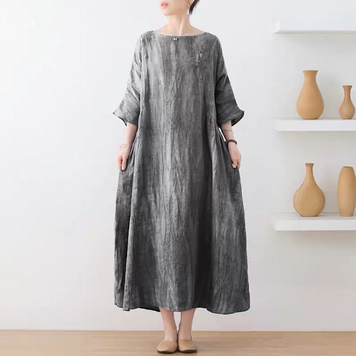 レトロスタイルプリーツリネンドレス...