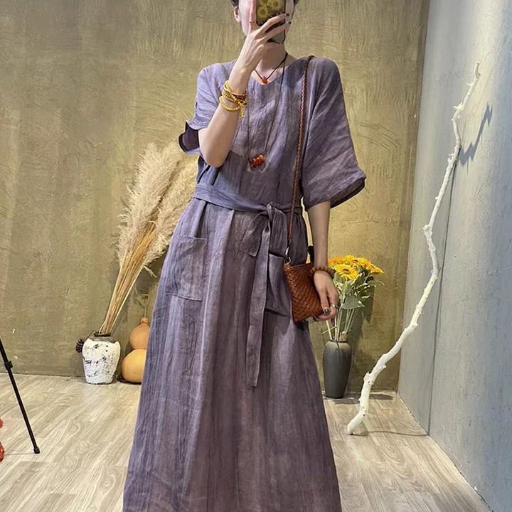 薄いリネンVネックハイウエストドレ...