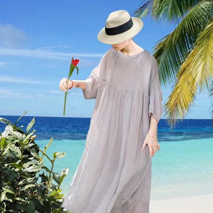 七分袖 夏 ハイエンド エスニック スタイル レトロ ピュアリネンワンピース きれいめ 大人 おすすめ ロング カジュアル レディース 大きいサイズ 麻 上品 ゆったり シンプル 着回し 30代 40代 50代 OP-202KMY