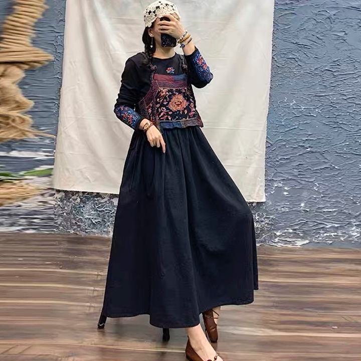 刺繍 スカート 厚いリネン アート スタイル ロング 長袖 ピュアリネンワンピース きれいめ 大人 おすす..