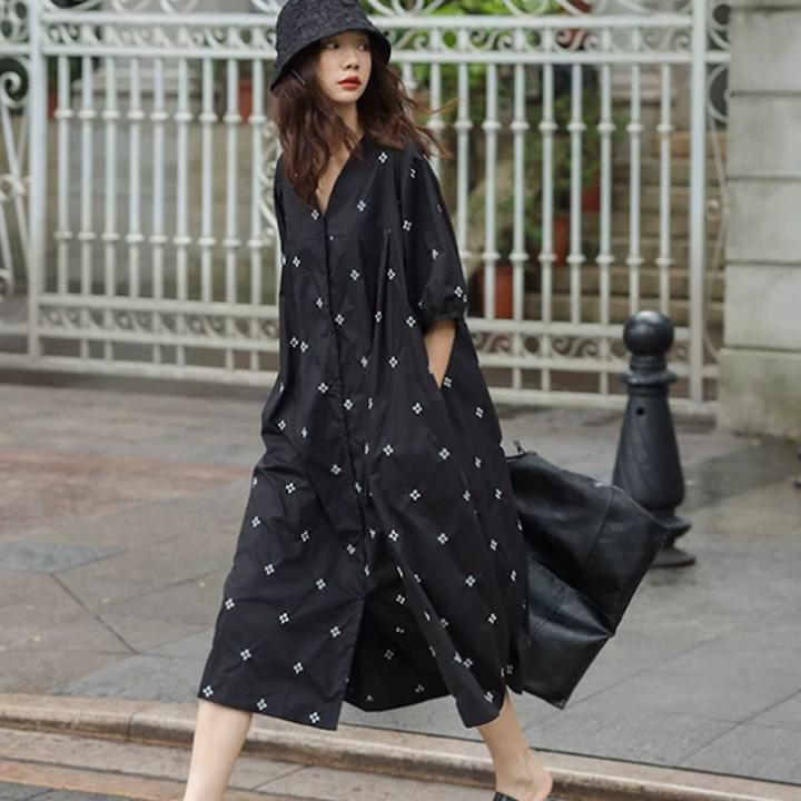 デザイン V ネック 刺繍 半袖 ロング ワンピース ドレス きれいめ aライン ロング 大きいサイズ かわいい 黒 春夏 シンプル レディース 韓国 カジュアル 大人 レトロ 30代 40代 50代 OP-284KMY