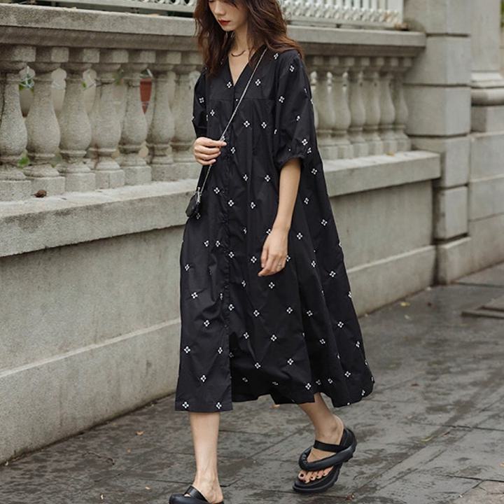 デザイン V ネック 刺繍 半袖 ロング ワンピース ドレス きれいめ aライン ロング 大きいサイズ かわいい 黒 春夏 シンプル レディース 韓国 カジュアル 大人 レトロ 30代 40代 50代 OP-284KMY